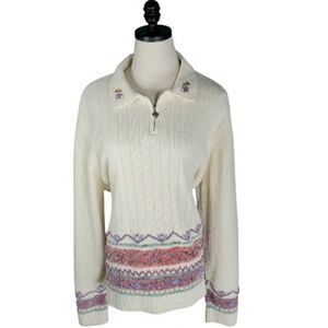 Vtg Alfred Dunner Chenielle Quarter Zip Sweater Top Velvet Bows Beads Grandma XL